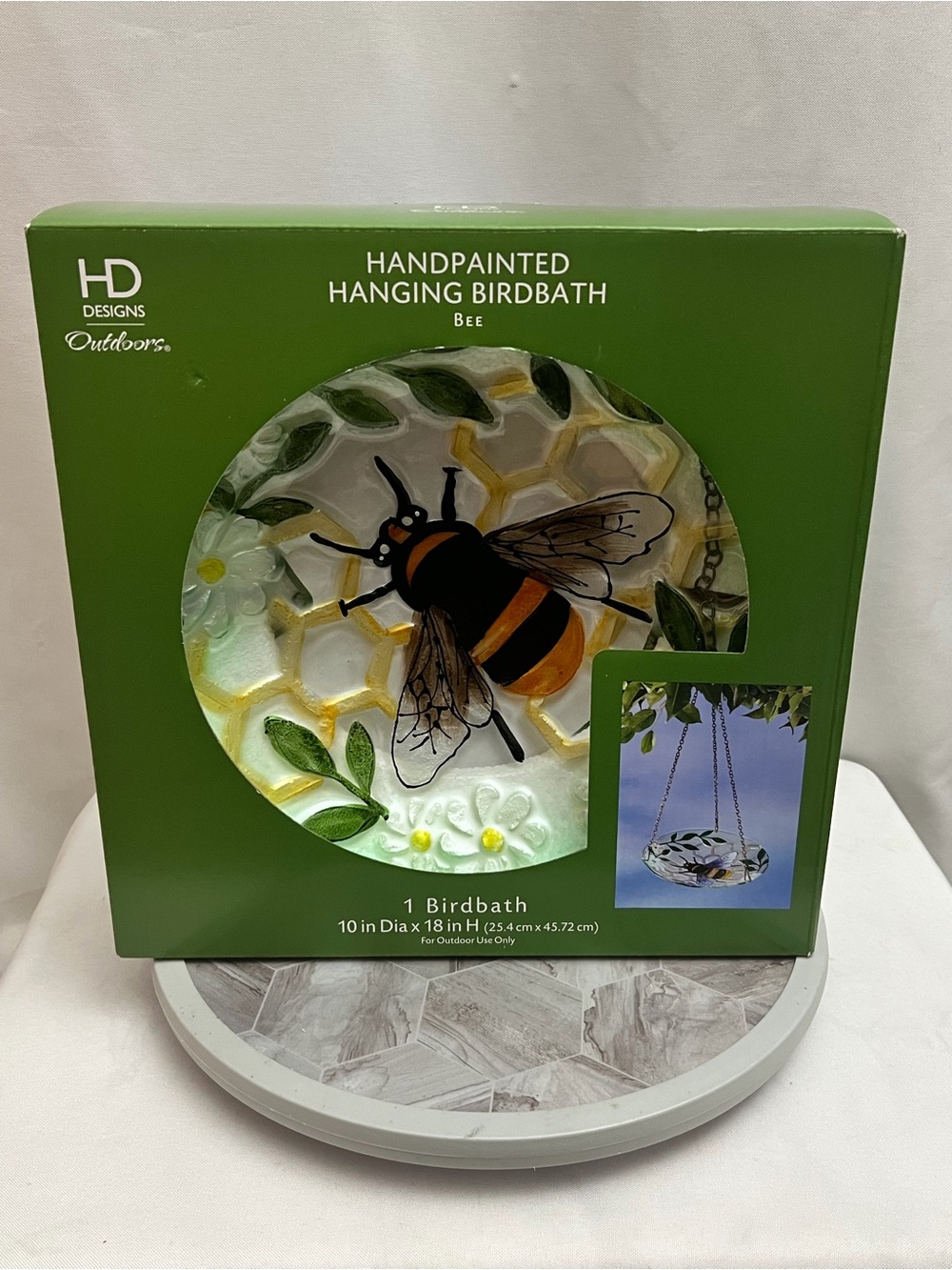 HD Designs Outdoors Hand Painted Hanging Bee Glass Bird Bath 10” New in Box